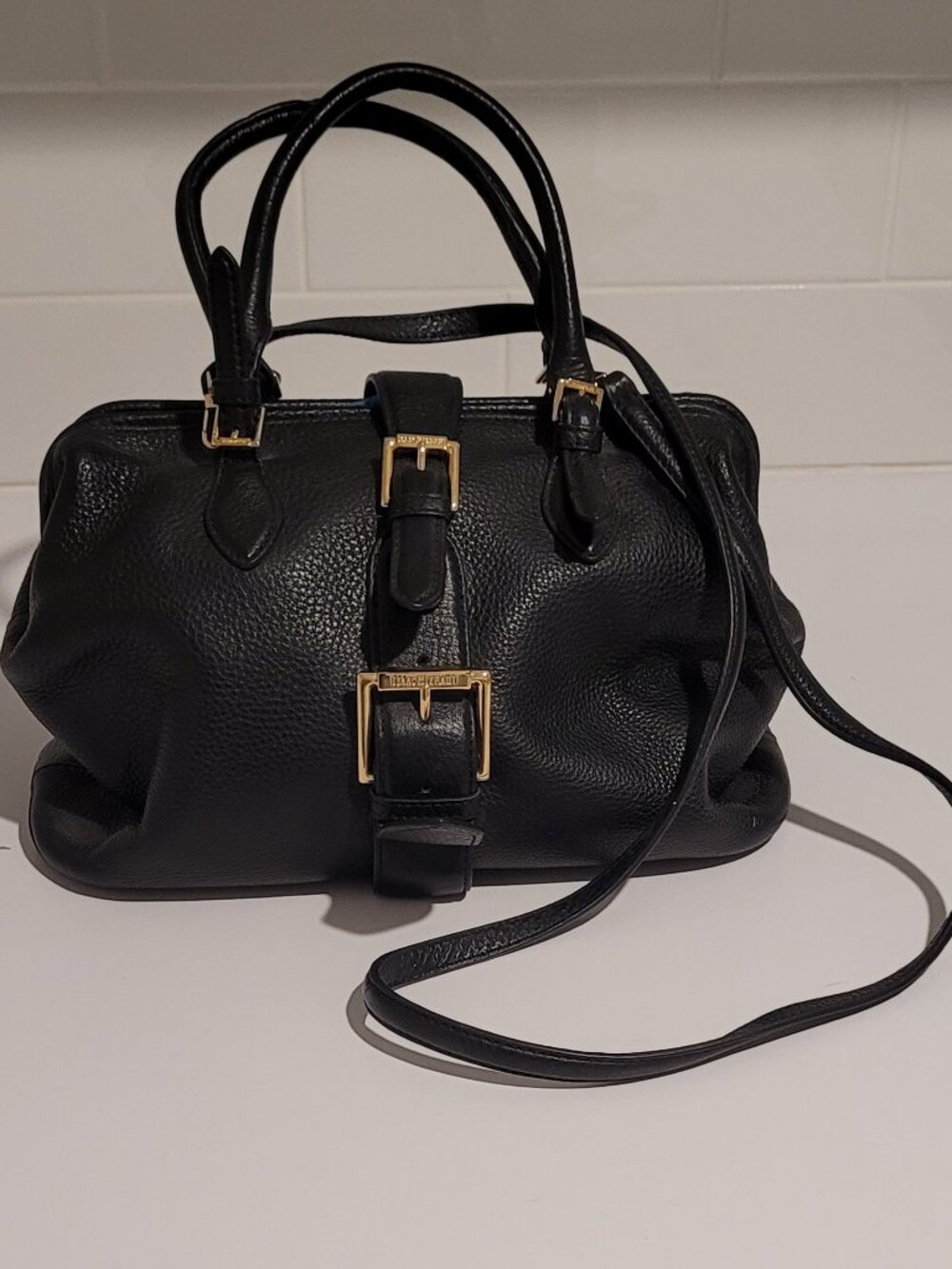 New Isaac Mizrahi Black Leather Shoulder - Hand Bag with Gold Buckles